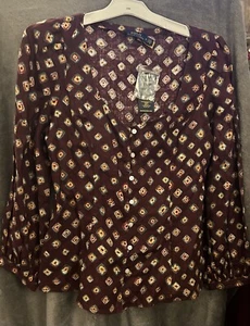 Polo Ralph Lauren L/S Button Down Shirt Brown Print Women's Size  2 Nwtgs $108 - Picture 1 of 4