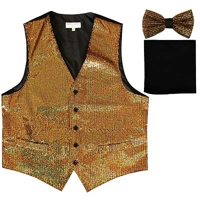 New Men's Sequin GOLD Tuxedo VEST Waistcoat & BOW TIE and SOLID BLACK HANKIE set - Image 1 of 4