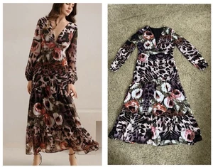 Neu mit Etikett Damen Maxi Stufenkleid Langarm V-Ausschnitt Blumenmuster Empire-Taille Hochzeit L - Bild 1 von 11