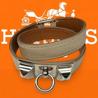 Hermès Collier de Chien Double Tour Armband Beige Leder Palladium - Bild 1 von 4