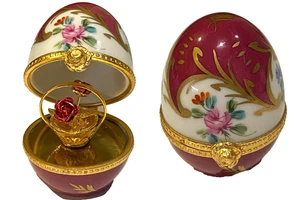 LIMOGES PEINT MAIN Trinket Box FLORAL ROSES w/ Ornate BOUQUET in EGG-PARIS DECOR - Picture 1 of 11