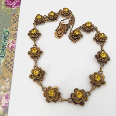 Michal Negrin Roses Necklace Olive Green Khaki 3D Yellow Crystals Cocktail Gift - Image 1 of 4
