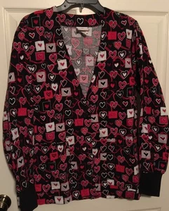 Peaches womens scrub top button up jacket XS black W/ Red Hearts White Hearts - Picture 1 of 4