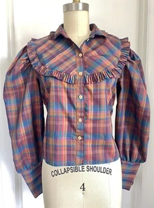 Women's Vintage 70's Boho Cottagecore Full Sleeve Plaid Blouse Prairie M - Picture 1 of 6