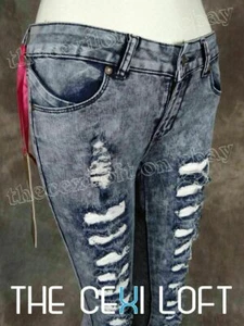 Distressed Womens Skinny Jeans Soft Stretchy Destroyed Down The Whole Leg!! - Picture 1 of 7