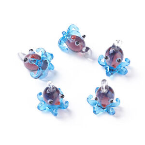 5x Handmade Lampwork Octopus Deep Sky Blue Pendants Jewelry Making 16~20x14~16mm
