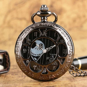 Antique Black Nightmare Theme Christmas Quartz Pocket Watch for Men Women Chain - Picture 1 of 6