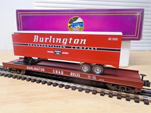 MTHRailKing Premier 20-98126 Burlington TOFC Trailer on Flatcar Metal Trucks MIB - Picture 1 of 10