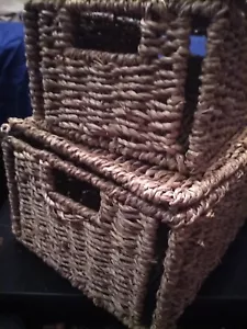 ATrio Of Rectangular, Hinged, Lided, Storage, Nesting, Wicker Baskets W Handles - Picture 1 of 7