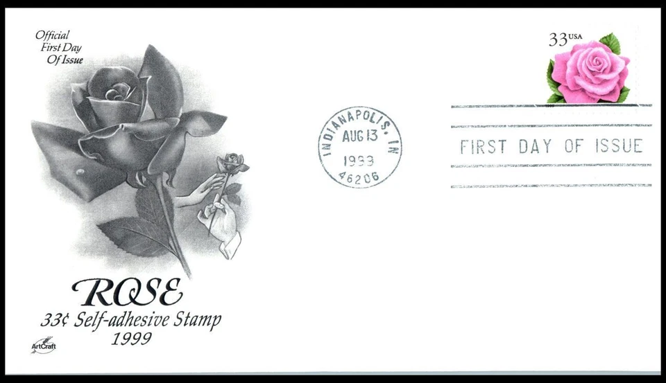 1999 Pink Rose flower Sc 3052 33c self-adhesive stamp FDC with ArtCraft cachet - Image 1 of 1