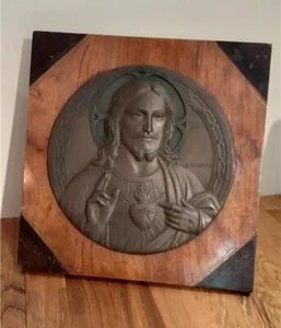 Vintage religiöse Wandrelief Ikone gemarkt "Escudero" aus Kupfer auf Holzboden - Bild 1 von 3