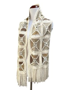 Sciarpa boho vintage retrò multicolore finta pelle scamosciata frange avorio filato all'uncinetto - Foto 1 di 17