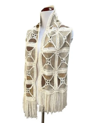 Vintage Retro Boho Scarf Multicolor Faux Suede Fringed Ivory Crocheted Yarn - Image 1 of 4