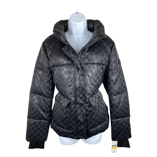 Michael Kors Puffer Giacca con Cappuccio Nero Logo Tuck Hood Bottone Full Zip Up Tasca