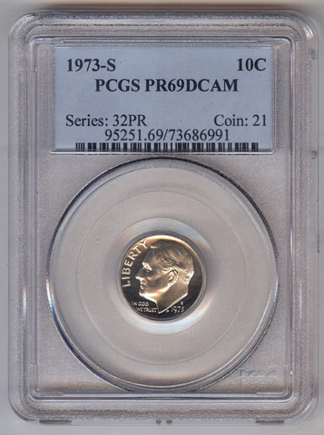 1973-S Roosevelt Dime 10C + PCGS + PR69DCAM Cover