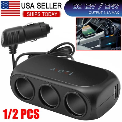 Dual USB Car Cigarette Lighter Charger 3 Way Socket Splitter DC 12/24 V Adapter - Image 1 of 4