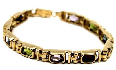 Brazalete de eslabones de múltiples piedras preciosas con forma de esmeralda arco iris de oro amarillo de 14k Foto 1 de 4