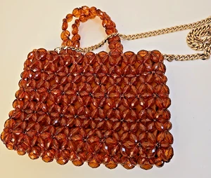 H&M Bolso de Mano con Cuentas Facetado Cartera Marrón Naranja Cadena Correa para el Hombro Extraíble - Imagen 1 de 7