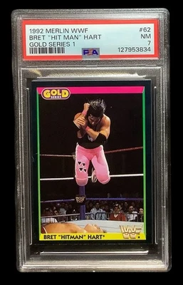 1992 merlin WWE wwf #62 bret hart; gold series UK wrestling PSA 7  (RARE SET) - Image 1 of 2
