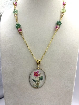 Cottage Core Off White Enamel floral Découpage Brass Pendant Handmade Necklace - Image 1 of 4