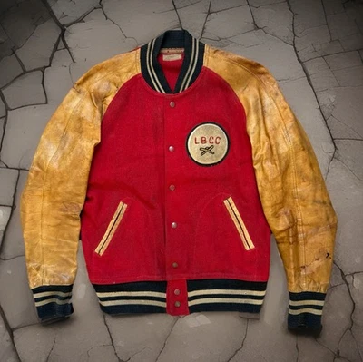 Chaqueta Universitaria Roja HL Whiting LBCC Años 40 De Colección Lana Cuero Béisbol Playa Larga LA Foto 1 de 4