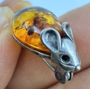 Vintage Sterling Silver 925 Baltic Cognac  Amber Mouse Brooch Mini Little - Picture 1 of 11