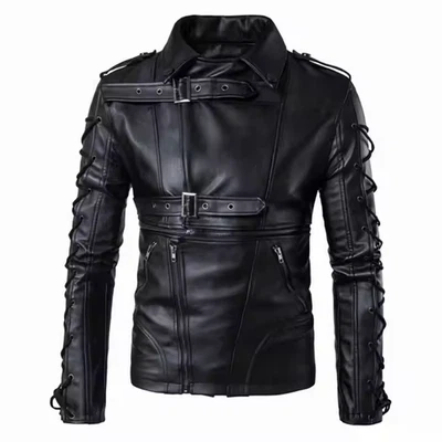 Men’s Gothic Punk Sheepskin Leather Biker Jacket – Lace-Up Sleeves, Rock Style - Image 1 of 4