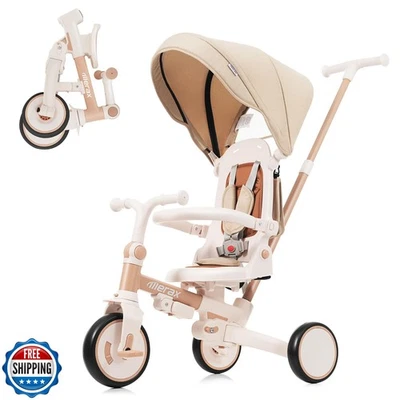 Triciclo plegable 7 en 1 para niños pequeños, toldo y barandilla PU para padres Foto 1 de 4