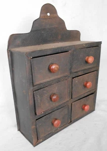 ANTIQUE TIN 6 DRAWER WALL MOUNT HANGING SPICE CHEST - Picture 1 of 11