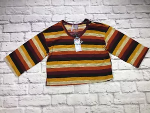 Good Luck Girl Cut Out Loose T Tee Shirt Size Large Mustard Striped Ribbed Knit - Picture 1 of 5