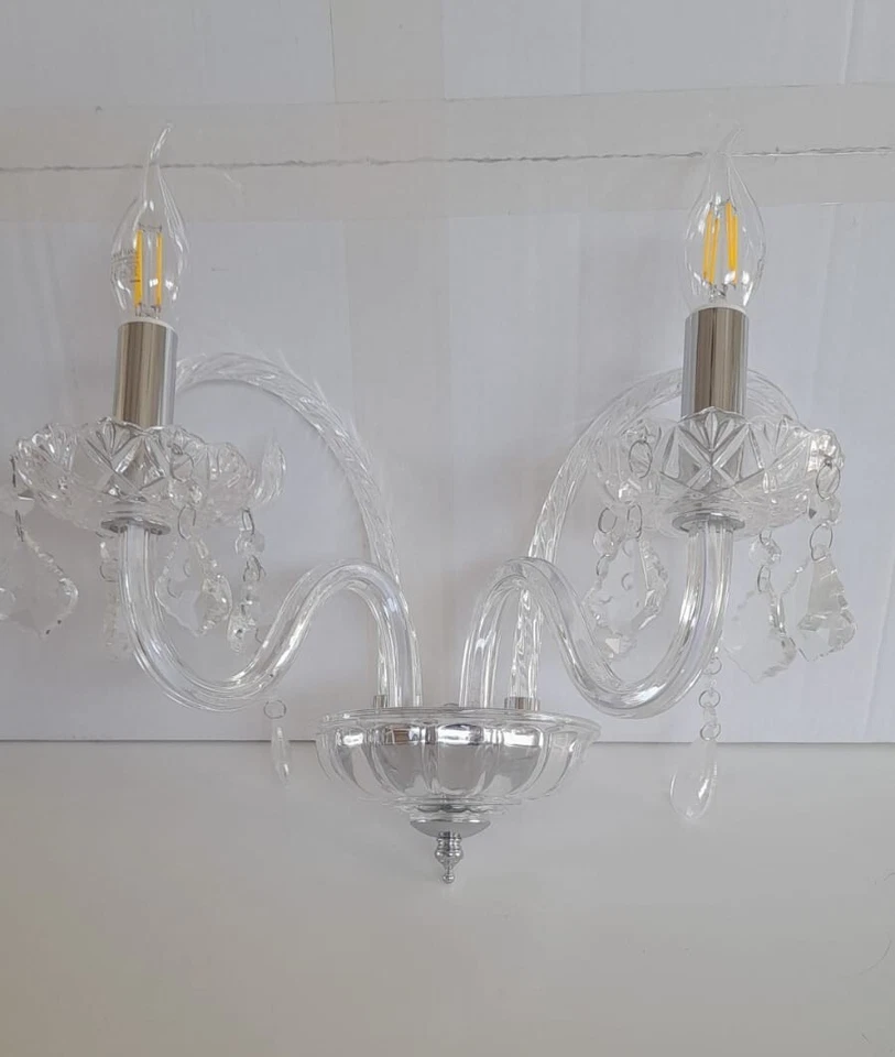 Applique in vetro cristallo tipo Murano 2 luci trasparente cromata lampada muro - Immagine 1 di 3