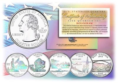 2005 HOLOGRAM U.S. MINT STATE QUARTERS * Complete Set of 5 Coins * with Capsules - Image 1 of 2