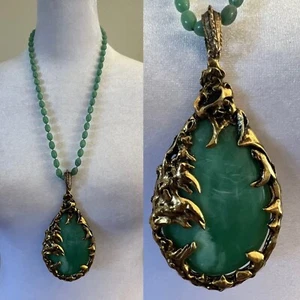 Vintage Brutalist Love Witch Necklace Green Swirl Lucite Gold Pendant Beaded - Picture 1 of 6