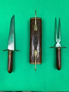 Vintage indisches Schnitzerei-Set mit schönem Messer und Gabel im Hartholzkoffer. - Bild 1 von 12