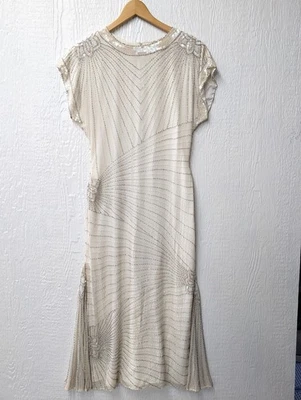 Oleg Cassini 100% Silk Ivory White Beaded Cocktail Dress Gown Art Deco Bridal 10 - Image 1 of 4