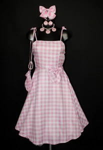 Ladies Barbie Fancy Dress Costume Pink & White Gingham Check Margot Robbie M L - Picture 1 of 8
