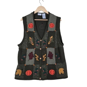 VTG Bobbie Brooks Sweater Vest sz XL Green Fall Halloween Pumpkin Festival - Picture 1 of 12