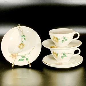 Vintage Canonsburg Pottery Yellow Roses 3 Cups 4 Saucers Sky Line * READ * - Picture 1 of 12