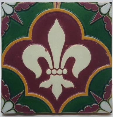 Antique Fireplace Tile Pugin Style High Relief Fleur De Lis Minton Hollins AE1 - Image 1 of 3