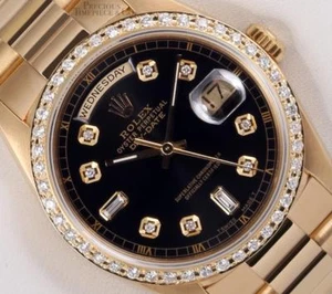 Rolex President 18k Yellow Gold 18038 Black Baguette Diamond Dial Diamond Bezel - Picture 1 of 10