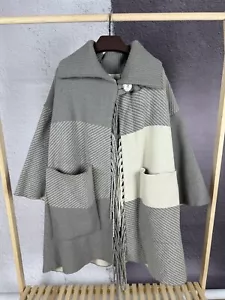 Chloe Grey and White Wool Cashmere Fringe Detail Cape Coat - Picture 1 of 20