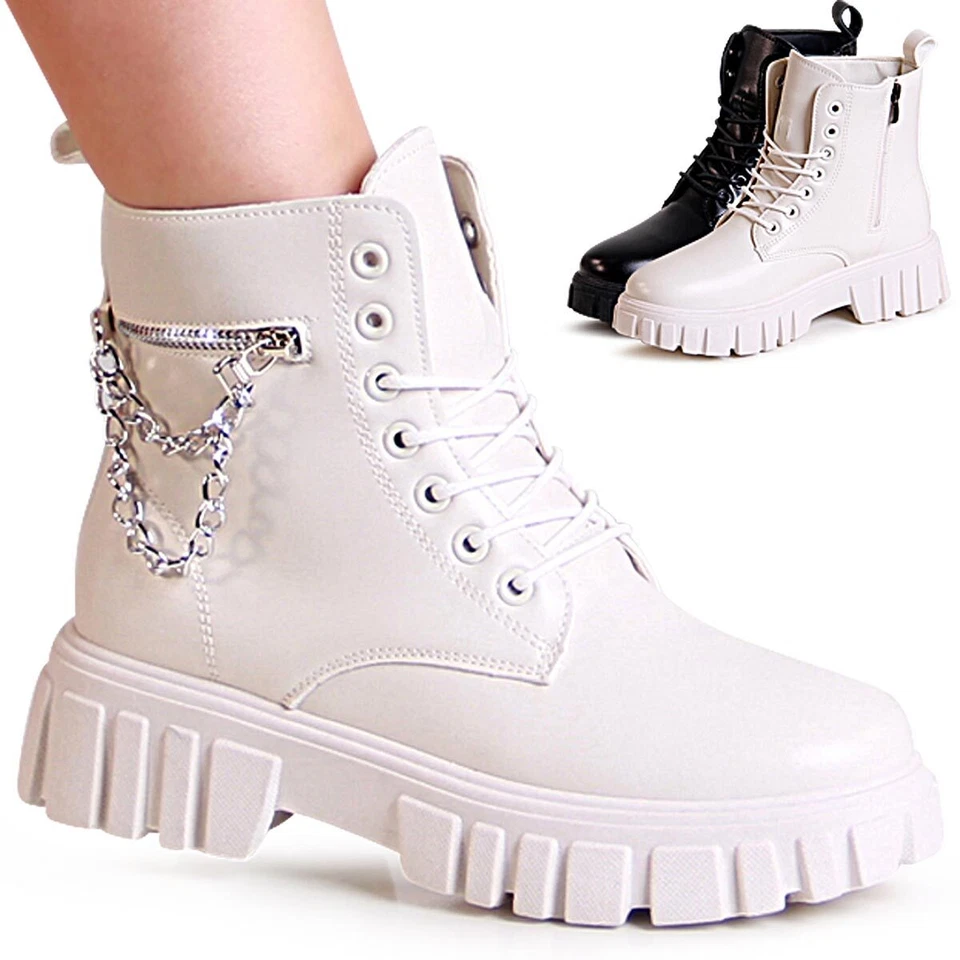 Bottes De Combat Biker À Talon Plat Pour Femmes Avec Chaînes - Photo 1/1