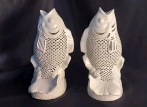Reticulated Porcelain Blanc De Chine White Koi Carp Fish Figure Mirrored Pair - Picture 1 of 19