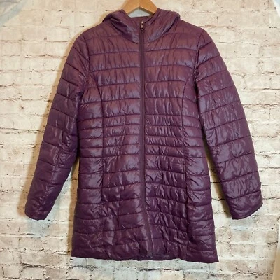 Abrigo antiguo azul marino para mujer mediano acolchado acolchado acolchado con capucha ciruela púrpura longitud más larga cremallera Foto 1 de 4