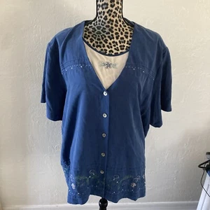 Alfred Dunner blouse top Women 24W Vneck button down blue embroided short sleeve - Picture 1 of 5