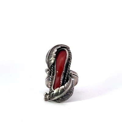 Argento Sterling 1.25 " Rosso Naturale Corallo Doppio Foglia Western Anello - Immagine 1 di 4