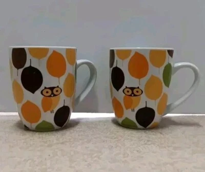 2 Rachael Ray Little Hoot Owl Mugs Coffee Tea Cups Fall Leaves - Image 1 of 4