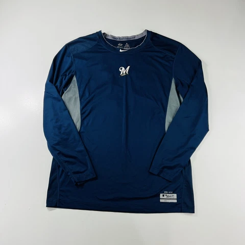 Nike Pro Combat Milwaukee Brewers Shirt L/S Blue Fitted Men’s Size XL Cover
