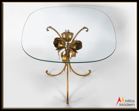 Vtg 60s Hollywood Regency Italian Gold Gilded Tulip Floral Sheaf Table Glass Top Cover