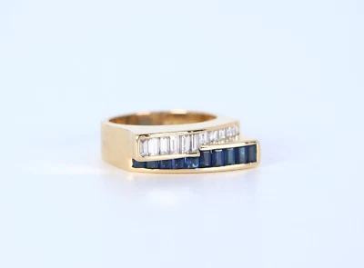Anillo banda Charles Krypell oro amarillo 18k zafiro azul baguette asscher diamantes Foto 1 de 4